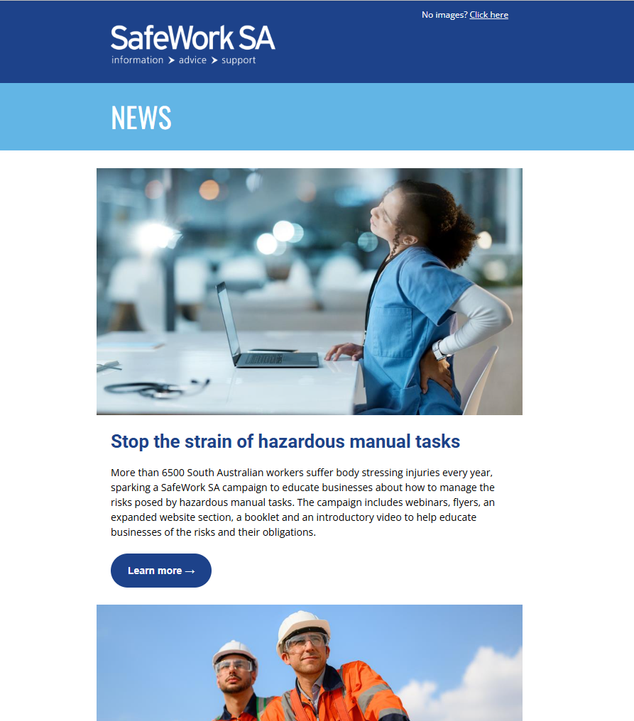 Screenshot of SafeWork SA's eNews June edition.