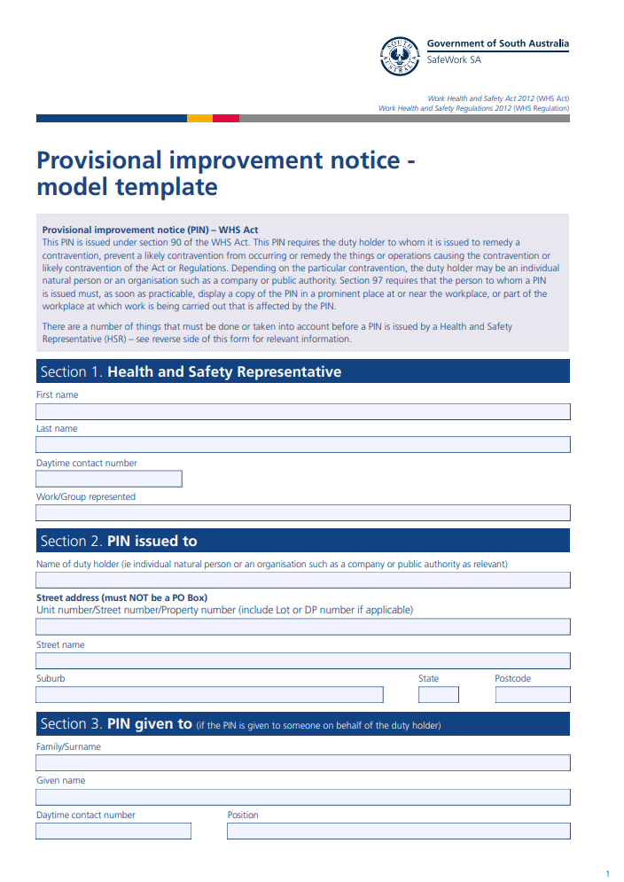 Sample PIN issue template form